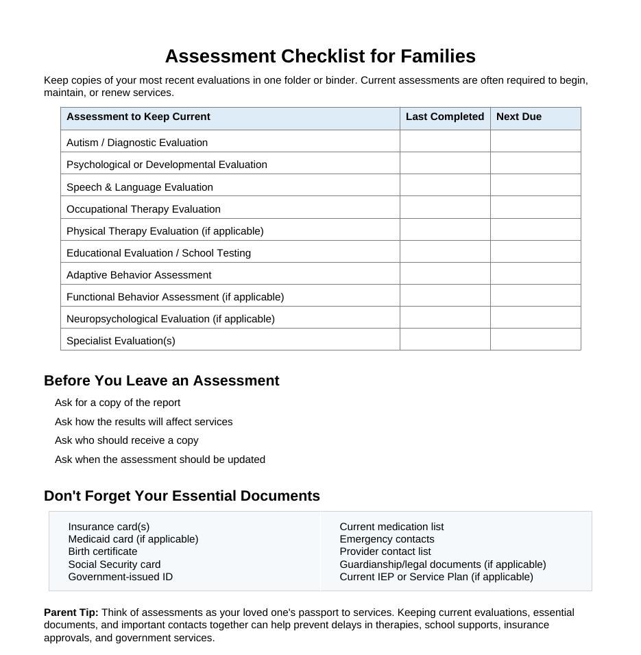 Preview of Assessment Checklist for Families
