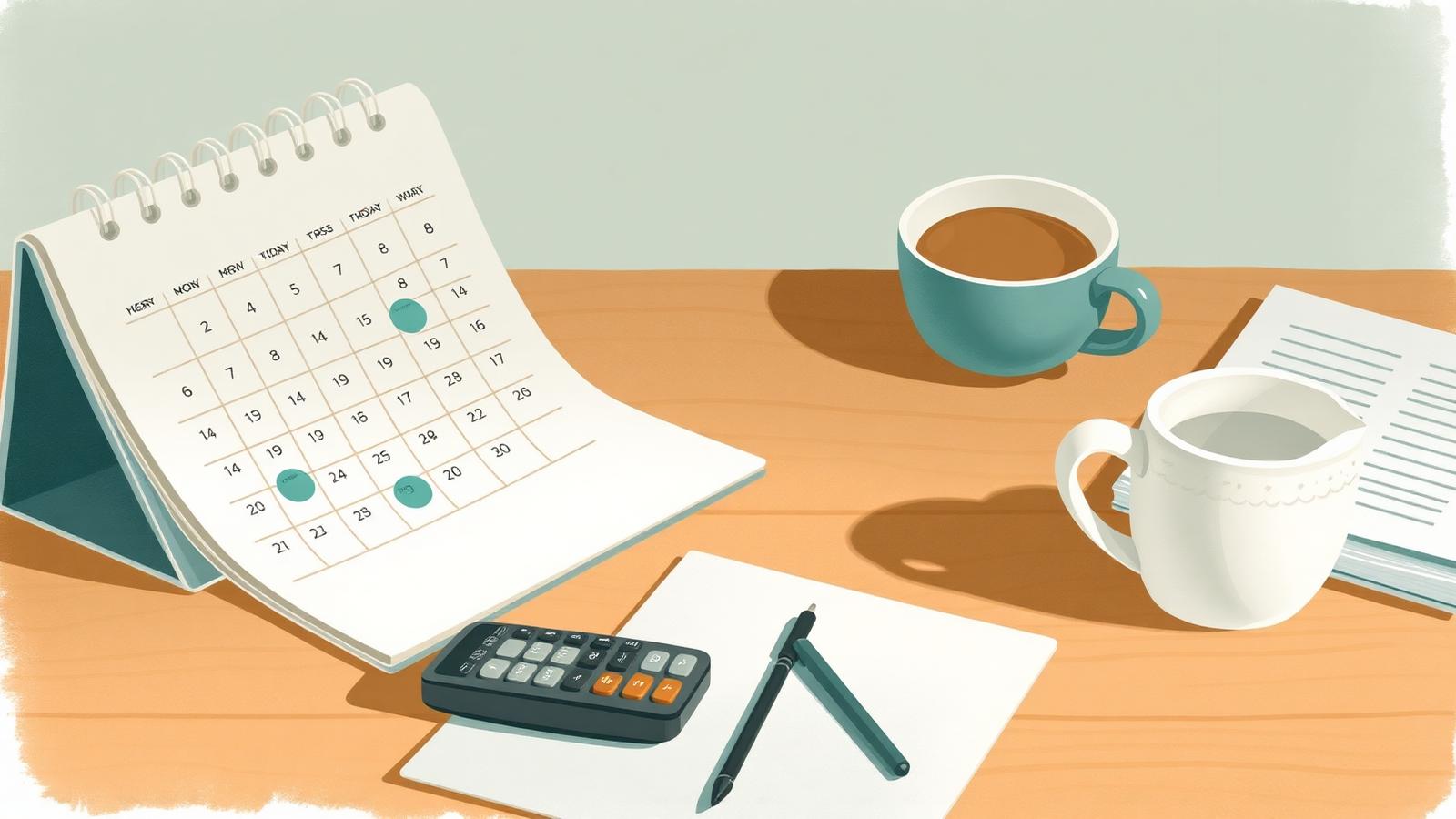A wall calendar, calculator, and mug of coffee on a warm wooden table.