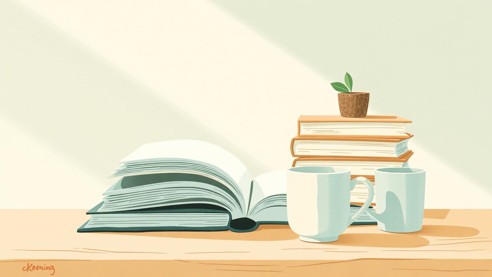 An open book, mugs, and a small potted plant on a warm desk.