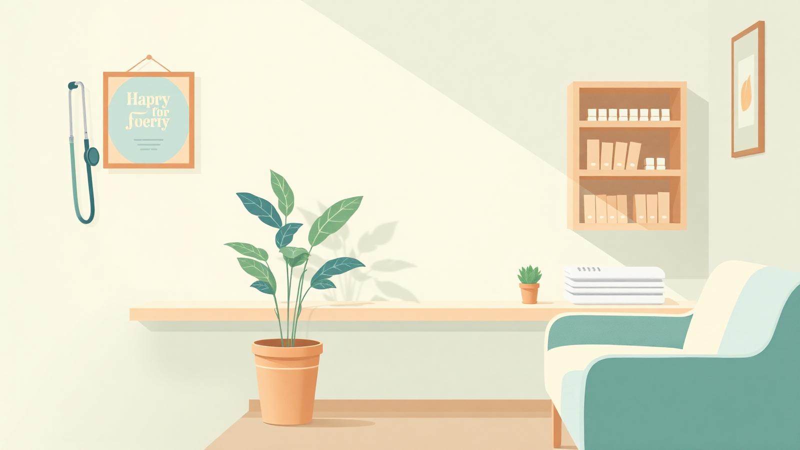 A calm pediatric clinic setting with soft light and a small plant.