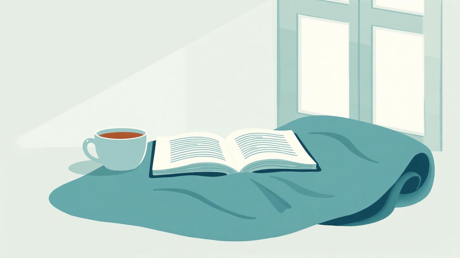A cup of tea and an open book on a soft blanket beside a sunny window.